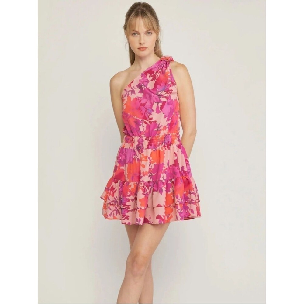 Entro Mini Dress Vibrant Pink Red Floral Print One Shoulder Ruffle Tiered Sz L